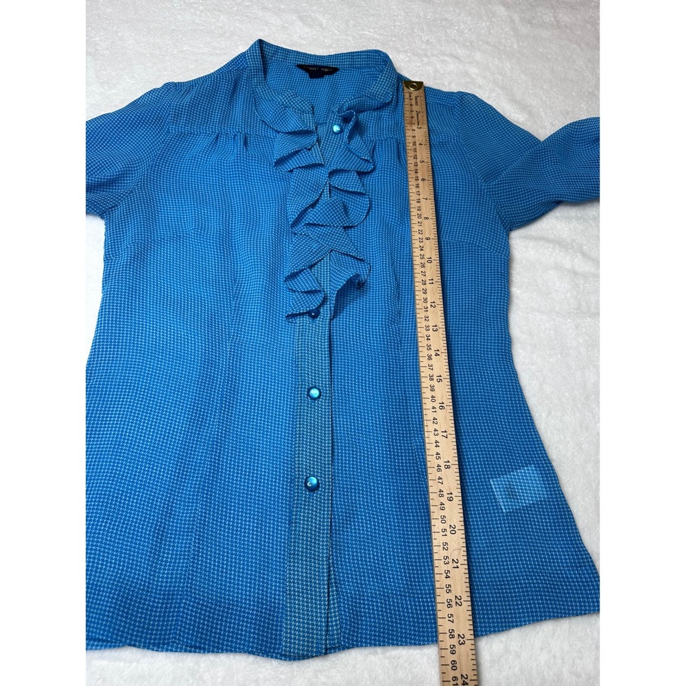 Banana Republic Turquoise Houndstooth Ruffle Front Blouse 3/4 Sleeve Size 2 - Picture 7 of 8